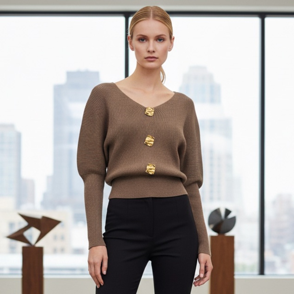Micas Solid Button V-Neck Sweater Long-Sleeve Top… - image 2